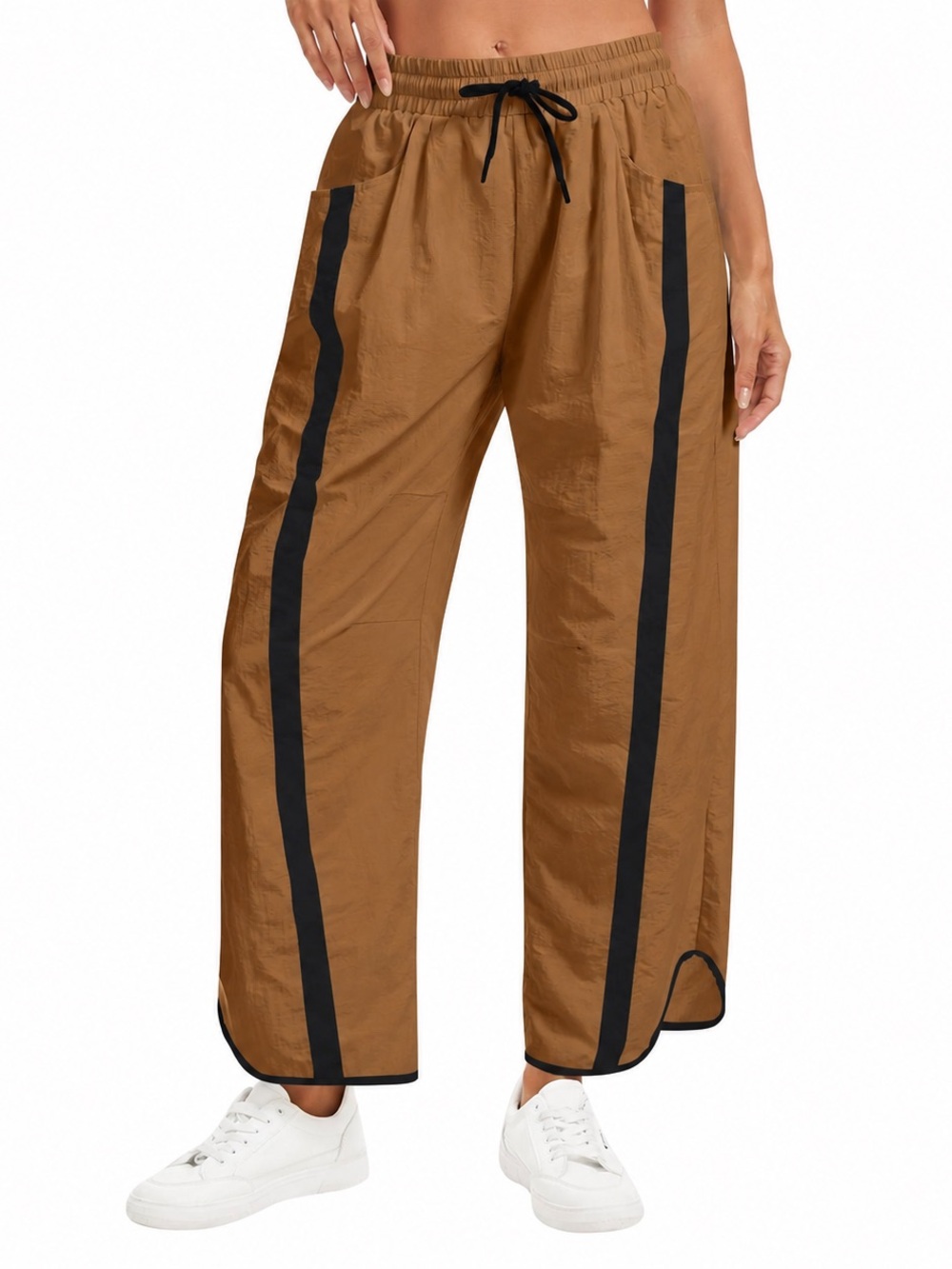 Amazon Drawstring Pants in Brown with Black Side Stripes - FP Look for Less